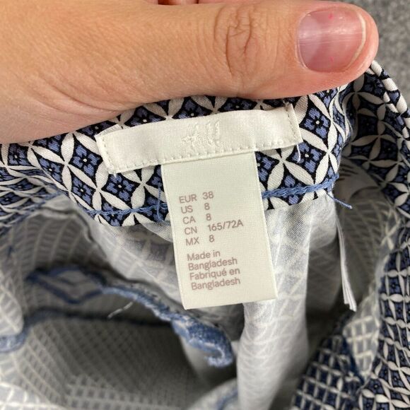 5/$45 H&M Pants Women 8 Blue Geometric Mid Rise Flat Front Chino Skinny  Cotton - Picture 8 of 10